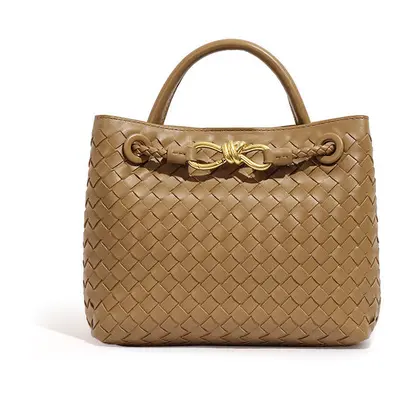 (Khaki) Woven Handbag For Women Retro French Bag Versatile Large Capacity Waterproof Twist Handb