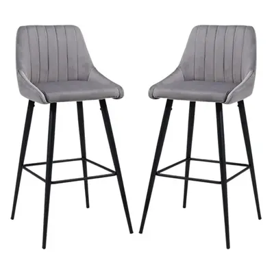 (Light Grey, Set of 2) Bar Stools 60cm Height Velvet Seat & Black Steel Frame With Footrest Base