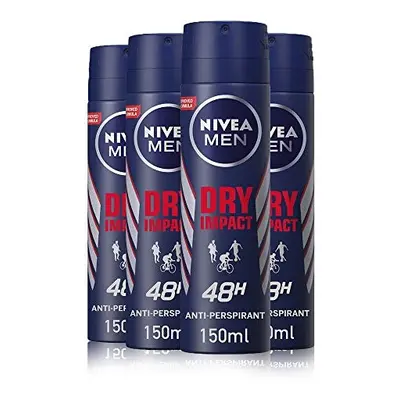 NIVEA MEN Dry Impact Anti-Perspirant Deodorant Spray Pack of (4 x 150ml), Men's Anti-Perspirant 