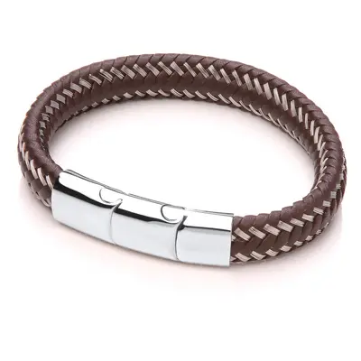 Jewelco London Mens Rhodium Plated Stainless Steel Brown Leather Platted Cuff Bracelet 12mm 8.25