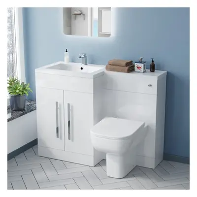 White Gloss LH Vanity Unit Basin Cabinet 1100mm and BTW Toilet | Aric