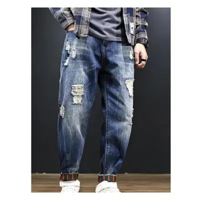 (blue, 48) Plus Size Men&apos;s Fashion Ripped Loose Foot Washed Jeans