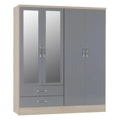 Nevada Door Drawer Mirrored Wardrobe in Grey Gloss and Oak Effect Finish