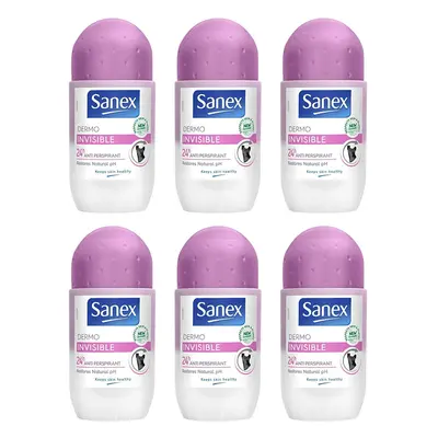 Sanex Dermo Invisible Roll On Antiperspirant 50ml, pack of 6, white