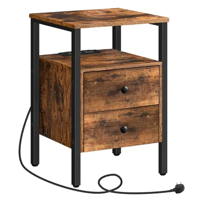 (Rustic Brown Black) Bedside table, side table with charging station, large capacity sofa side t