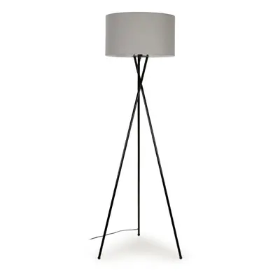 Modern Gloss Black Metal Tripod Floor Lamp with a Pale Grey Cylinder Shade - Complete with a 6w 