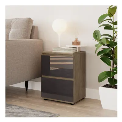 (Oak & Grey) High Gloss Drawer Skagen Wooden Bedside Cabinet No Handle Drawer Storage