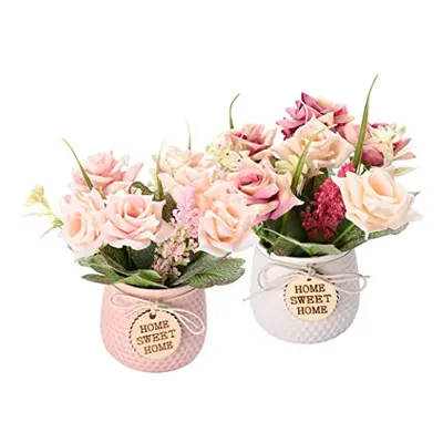 Artificial Flowers in Vase Fake Flowers in Ceramics Pots Silk Rose Flower Arrangements Faux Flow