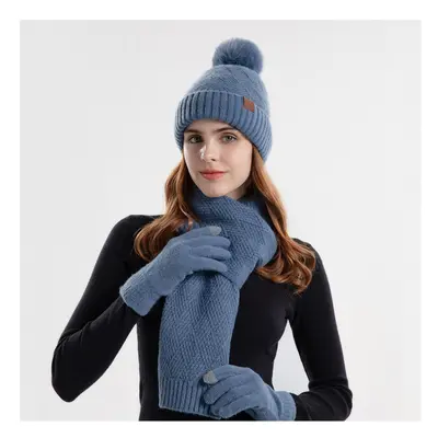 (blue) Knitted sweater hat women's warm hat scarf gloves three piece set