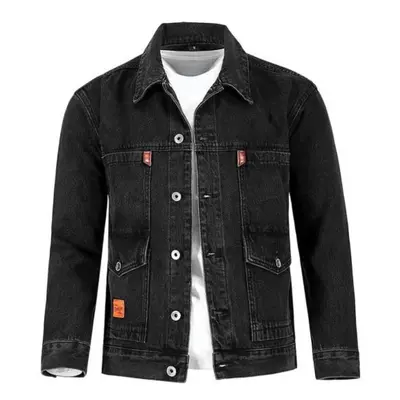 (black, 2XL) Men Autumn Jacket Long Sleeves Thermal Buttons Pure Color Autumn Denim Jacket For D