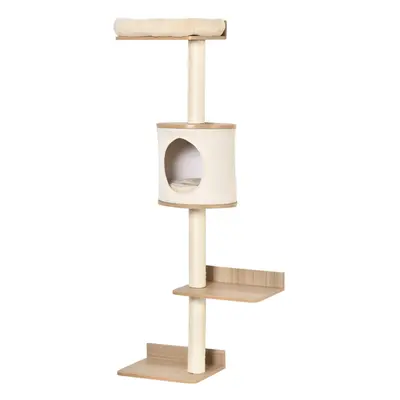 PawHut Wall-Mounted Cat Tree Shelter w/ Cat House, Bed, Scratching Post - Beige