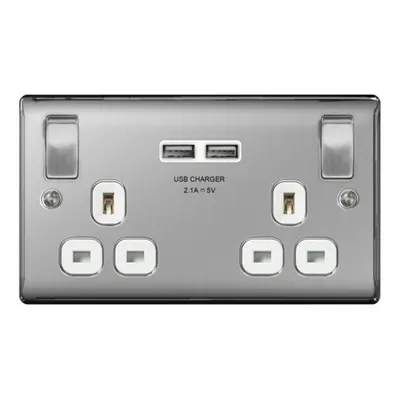 NEXUS METAL BRUSHED STEEL DOUBLE SWITCHED 13A POWER SOCKET WITH USB CHARGING - 2X USB SOCKETS (3