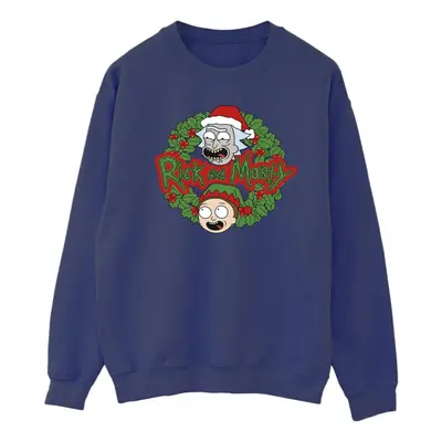 (L, Navy Blue) Rick And Morty Mens Christmas Wreath Sweatshirt