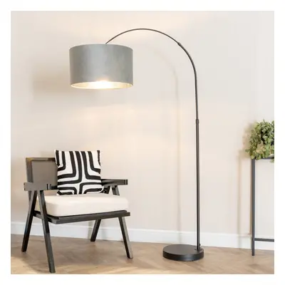 ValueLights Louis Grey Velvet & Chrome Shade Black Arched Floor Lamp