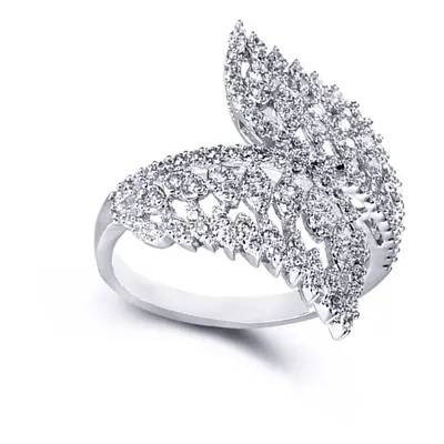 (K) Jewelco London Ladies Rhodium Plated Sterling Silver Cubic Zirconia Crossover Angel Wing Fea