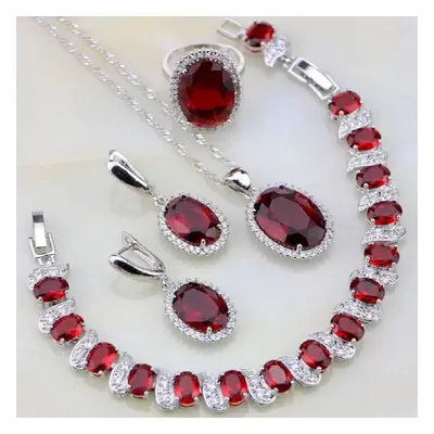 925 Sterling Silver Jewelry Red Garnet Zircon Jewelry Sets For Women Wedding Necklace/Earrings/B