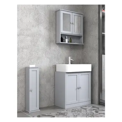 (All Piece - Grey) Under Sink Cupboard Mirror Unit WC Paper Dispenser