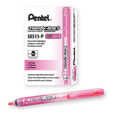 Pentel Handy-Line Retractable and Refillable Chisel Tip Highlighter Pink Ink Box of (SXS15-P)