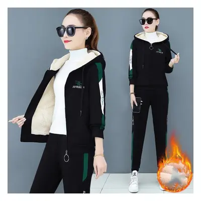 (black, M) Large Size Women&apos;s Autumn And Winter Piece Set Tracksuit Loose Hooded Zipper Fle