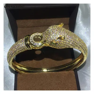 (gold) Leopard Bracelet Mirco Pave 400pcs Diamond Zirconia Stone White Gold Filled Engagement Ba