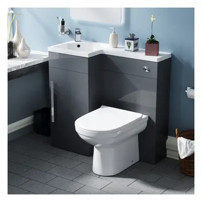 Nes Home Debra Flat Packed Compact 900mm Grey L-Shape Left Hand Vanity Unit and Toilet