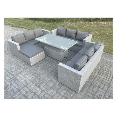 Fimous Light Grey U Shape Rattan Garden Furniture Rising Lifting Table Dining Set