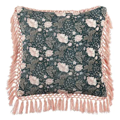 Velvet Cushion Flower Pattern with Tassels x cm Blue and Pink PARROTIA