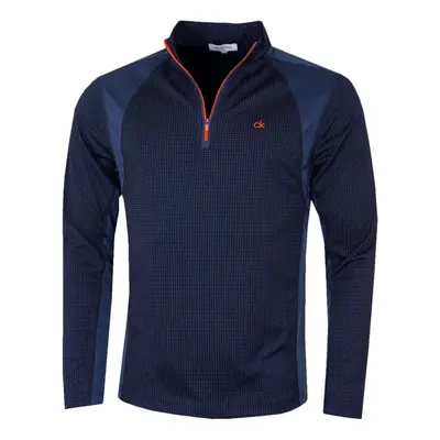 (S, Navy/Orange) Calvin Klein Mens Micro Grid CK 1/2 Zip Mid Layer Pullover