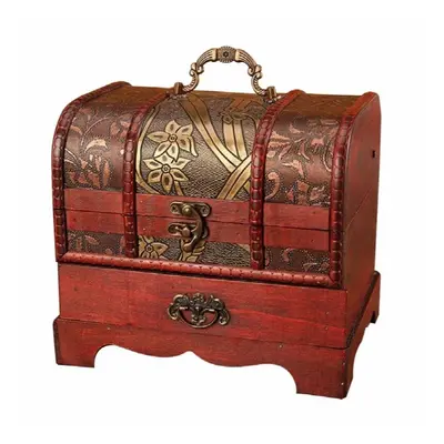 Wooden Jewelry Chest Antique Storage Box with Lock Treasure Organizer Decor H8WF