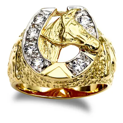 (V) Jewelco London Men's Solid 9ct Yellow Gold White Round Brilliant Cubic Zirconia Horse Head H