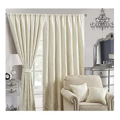 Textile Home New Jacquard Curtain Pair Fully Lined Pencil Pleat Curtain with Tiebacks (90x90, Cr