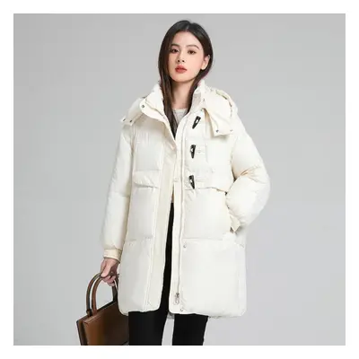 (white, M) Autumn And Winter Women&apos;s Thickened Hooded Coat Loose Mid-length Windproof Warm 