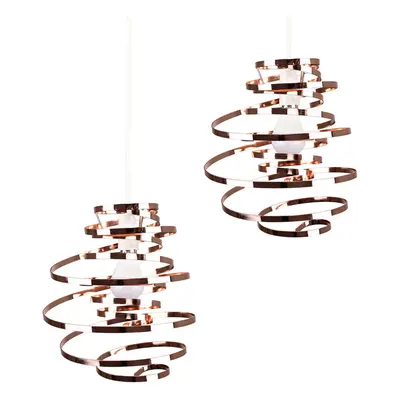 Pair of Contemporary Copper Metal Double Ribbon Spiral Swirl Ceiling Light Shades - Complete wit