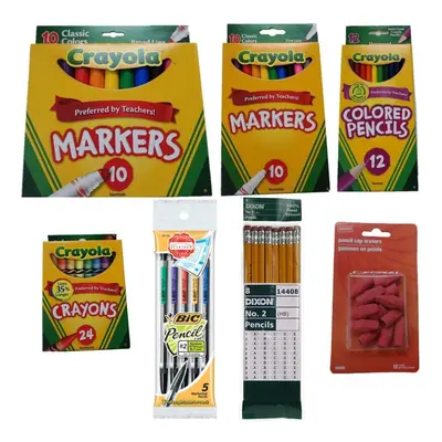 Back to School Basics (7 Items): Crayola fine and broad markers colored pencils crayons Bic Mech