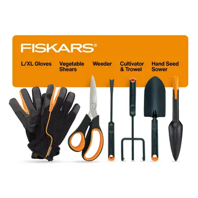 Fiskars Vegetable Garden Tool Set with Vegetable Shears Seed Sower Trowel Cultivator Weeder and 