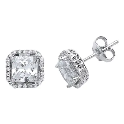 Jewelco London Ladies Sterling Silver Princess Cut Cubic Zirconia Halo Stud Earrings - GVE541