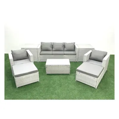 Fimous Rattan Garden Furniture Set with Seater Sofa Chair Rectangular Coffee Table Big Footstool