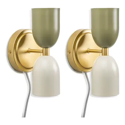 Pair of Plug in Gold Up & Down Khaki/Cream Shades Easyfit Wall Lamp + LEDs