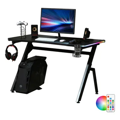 HOMCOM Ergonomic Gaming Desk with Hook Cup Holder LED & Cable Management, Black