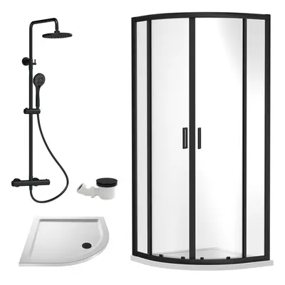 Ruwa Shower Enclosure Bundle - Quadrant Enclosure, Tray, Round Shower Kit & Waste - White/Black-