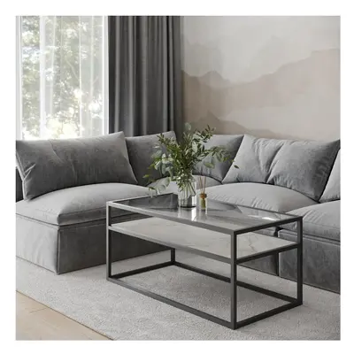 (White Stone) Glass Display Top Coffee Table with Steel Frame Reversible Wooden Storage Shelf