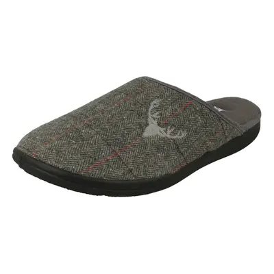 (Grey, UK 7) Mens Padders Stag Detailed Mule Slippers Stag