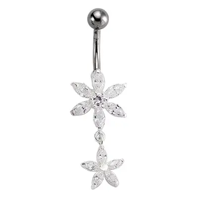 Jewelco London Sterling Silver Cubic Zirconia Flower Drop with Stainless Steel Belly Bar & Ball 