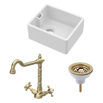 Fireclay Kitchen Bundle - Compact Single Bowl Belfast Sink, Strainer Waste & French Classic Tap,