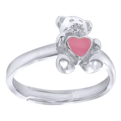 Jewelco London Solid Sterling Silver Baby Pink Enamel Love Heart Teddy Bear Expanding Ring, Size