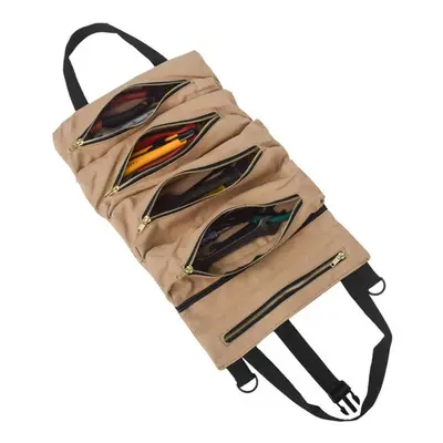 (khaki) Roll Tool Multi-Purpose Up Bag Wrench Pouch Hanging Zipper Carrier Tote Canvas Car Organ