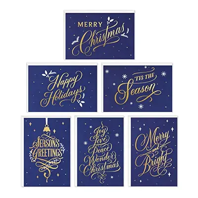 Boxed Christmas Cards Assortment, Blue and Gold Holidays (6 Designs, Cards with Envelopes)