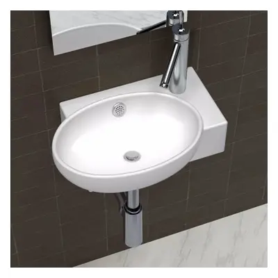 vidaXL Ceramic Sink Basin Faucet & Overflow Hole Bathroom White Oval Fixture