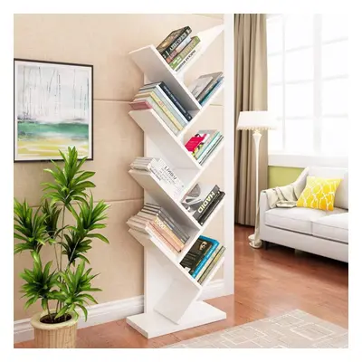 (White, Tier) Freestanding Tree Bookshelf Wood Display Shelf Organiser