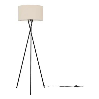 Modern Gloss Black Metal Tripod Floor Lamp with a Beige Cylinder Shade